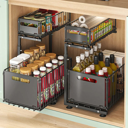 π§Ί Pull-Out Under Sink Organizer β 2-Tier Adjustable Sliding Shelf for a Clutter-Free Home