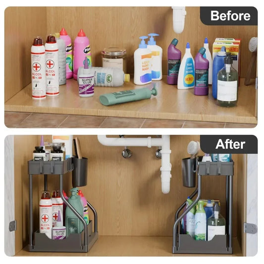 🧺 Space-Saving Organizer Shelf – 2-Tier Pull-Out Storage Drawer for Kitchen